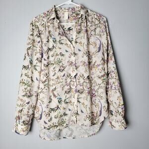Bird Butterfly Floral Button Down Blouse 2 Long Sleeve Cottagecore Garden Top